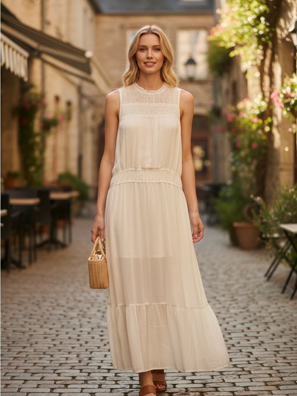 a new day Cream Sleeveless Crochet Yoke Maxi Dress